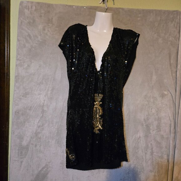 Christian Audigier Sequin Black/Gold Dark Feminine WhimsyGoth Witchy Era M Dress - Picture 4 of 7